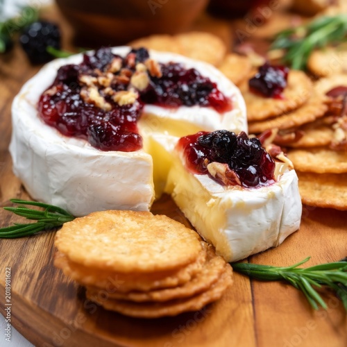 Cheese Board With Sliced Brie, Fruit Jam, Nuts, and Crackers on a Wooden Platter