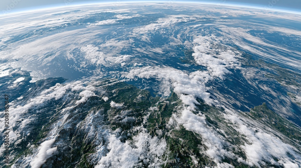 Fototapeta premium Majestic view of Earth from space, showcasing swirling clouds over diverse land and ocean landscapes