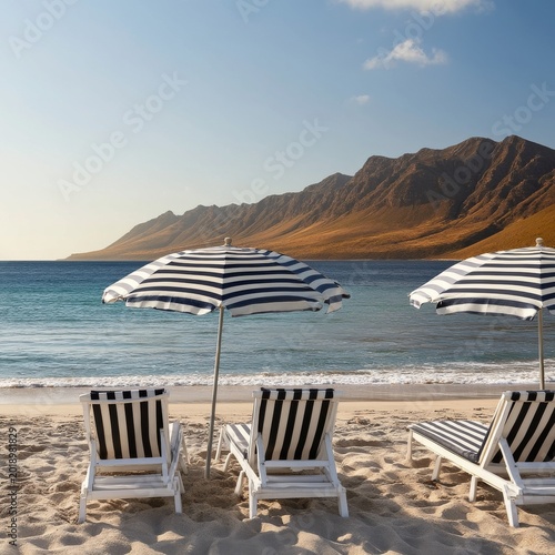 Beach Chairs and Umbrellas Face Ocean and Mountain During Midday Sun in Pictu...