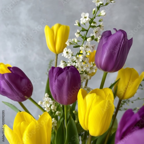 Colorful Tulips and White Flowers in a Vase on a Simple Background
