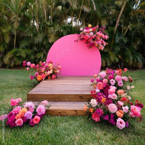 Colorful Flower Display With Pink Backdrop and Wooden Platform in a Garden Se...