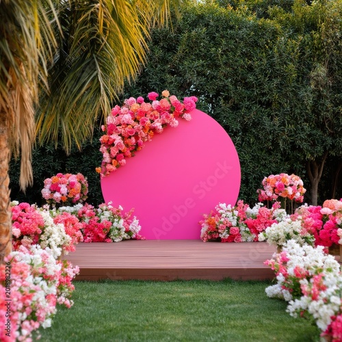Bright Pink Backdrop With Flowers and Greenery in a Garden Setting During Day...
