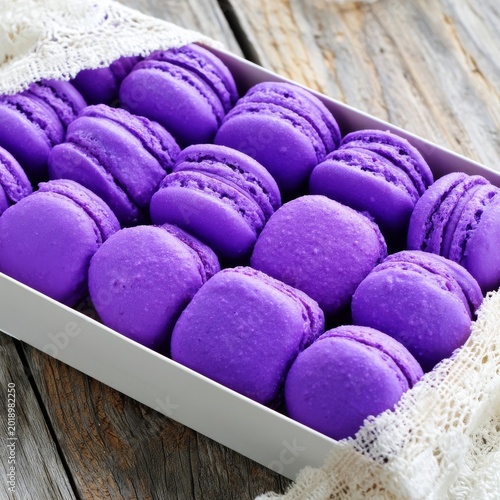 Purple Macarons in a Box on a Wooden Table at a Dessert Shop