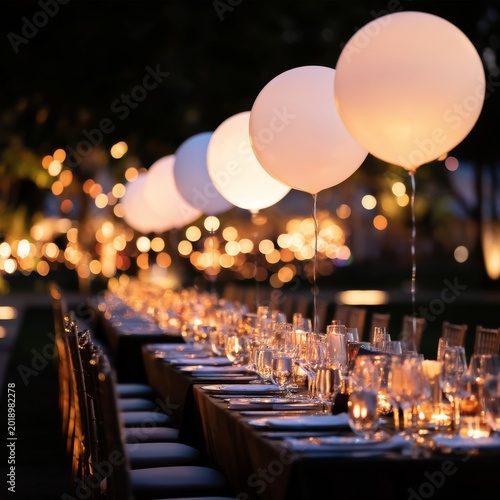 Outdoor Dining Setup With Balloons and Candles for a Large Gathering at Night