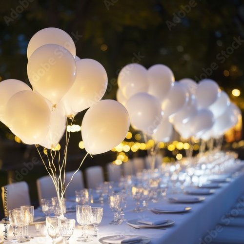 Outdoor Dining Setup With Balloons and Candles for a Large Gathering at Night