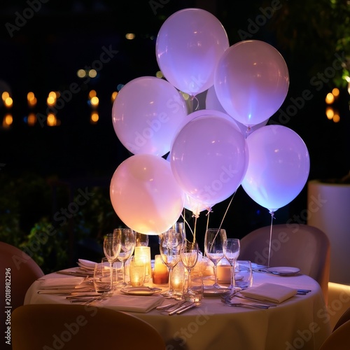 Balloons and Candles Decorate a Table for a Celebration at Night Near Water