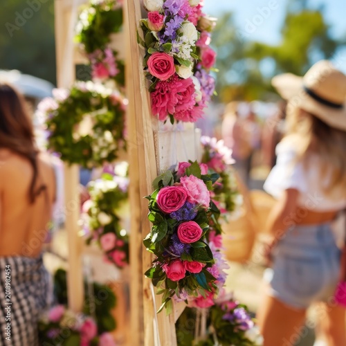 Bright Flowers Are Displayed at a Market in Summer, Inviting Visitors to Enjo...