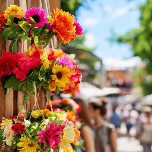 Bright Flowers Are Displayed at a Market in Summer, Inviting Visitors to Enjo...