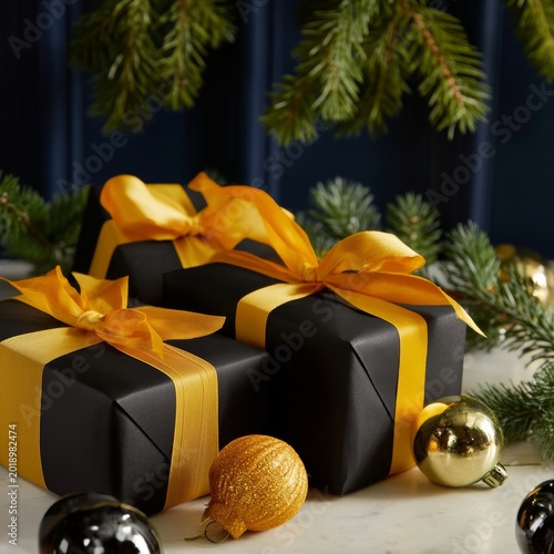 Gifts Wrapped in Black and Yellow Sit Among Ornaments and Greenery During Hol...