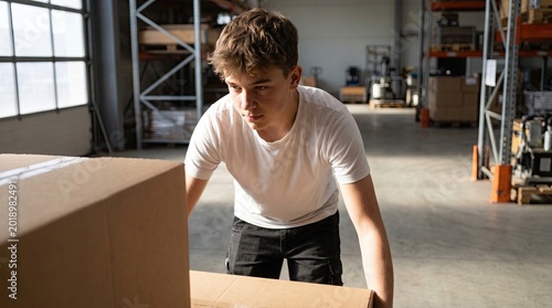 Young man carrying heavy cardboard box in warehouse, working, logistics, delivery.
