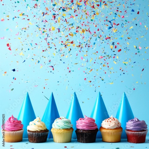 Colorful Cupcakes With Party Hats and Confetti for a Birthday Celebration on ...