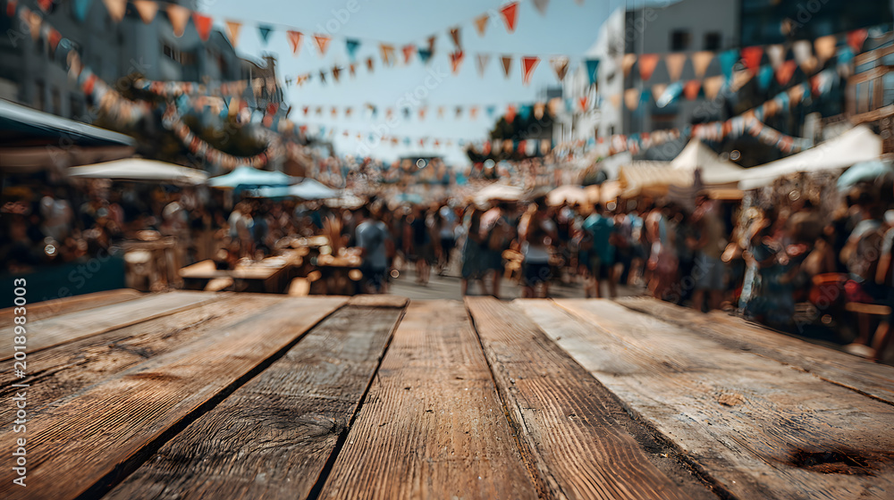 Obraz premium A joyful scene is created by the outdoor festival, crowd, wooden table, summer party, sunny celebration, colorful bunting, empty tabletop, and blurred people's background.