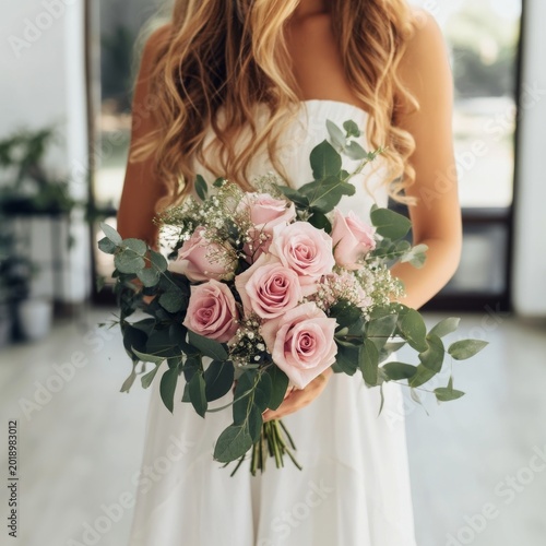 Woman Holds Bouquet of Pink Roses and Greenery in Indoor Setting With Natural...