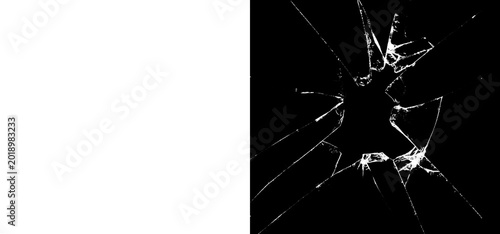 Quadro su tela Cracked glass with sharp shards on a black background with white lines isolated