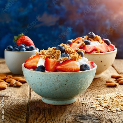 Healthy Breakfast With Yogurt, Fruits, and Granola in Bowls on Wooden Table