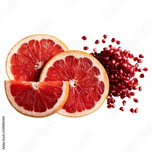 Fresh Grapefruit Slices With Pomegranate Seeds on White Background