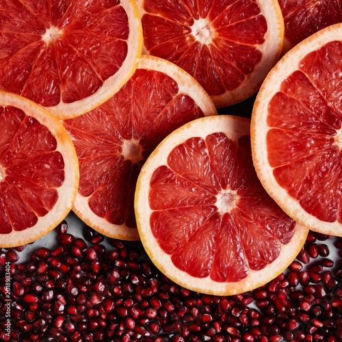 Freshly Cut Red Grapefruit Slices Placed on a Bed of Pomegranate Seeds in a B...