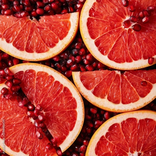 Fresh Grapefruit Slices With Pomegranate Seeds on White Background
