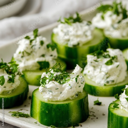 Cucumber Slices Topped With Cottage Cheese and Herbs on a Wooden Board in a K...