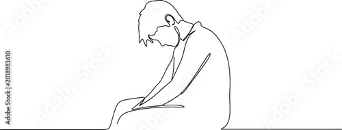 Foto Sad Man Sitting, Head Down, Solitude, Minimalist Line Art