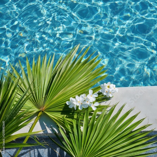 Sunny Day by a Clear Pool With Plants and Flowers Around the Edge