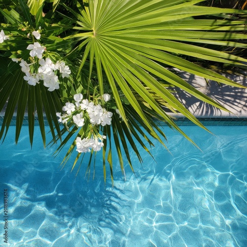 Clear Water in a Pool Surrounded by Lush Green Plants and White Flowers Durin...