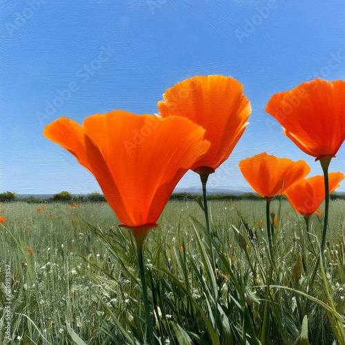 Bright Orange Flowers Bloom in a Green Field Under a Clear Blue Sky in Spring...