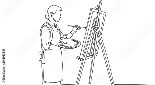 Bild auf Leinwand Artist painting on easel, one line drawing, creative process, inspiration, art s