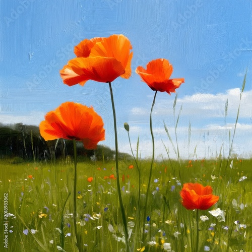 Bright Orange Flowers Bloom in a Green Field Under a Clear Blue Sky in Spring...