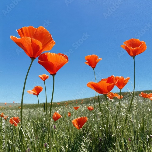 Bright Orange Flowers Bloom in a Green Field Under a Clear Blue Sky in Spring...