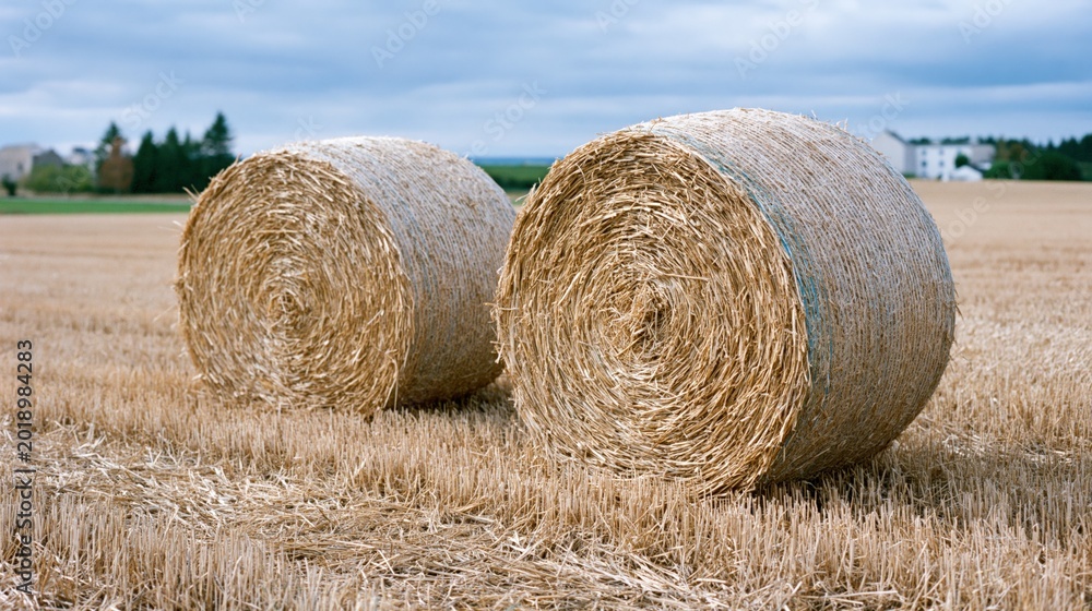 Obraz premium Two large golden hay bales resting in a harvested golden field under a cloudy sky