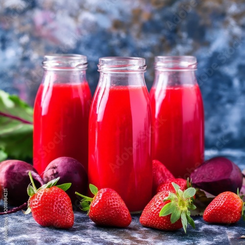Fresh Strawberry and Beetroot Juice in Glass Bottles on a Blue Table