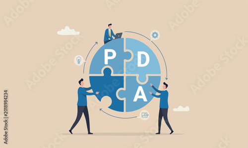 PDCA and get better work quality, Plan, Do, Check and Act concept, businessman coworker help complete jigsaw puzzle loop alphabets PDCA