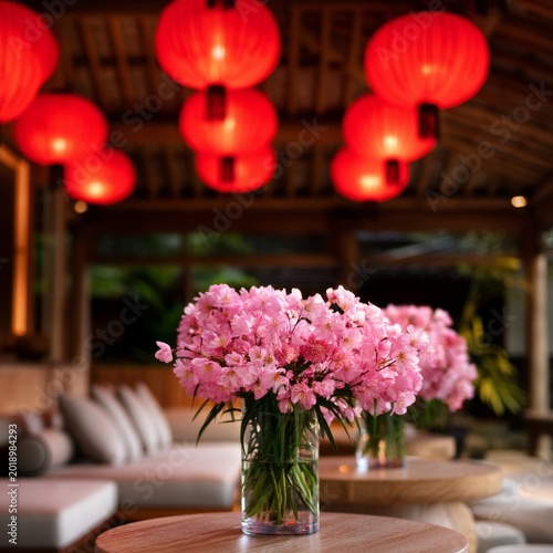 Red Lanterns and Flowers Decorate a Cozy Room in a Modern Building During Day...