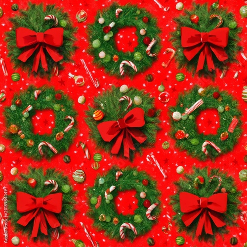 Wreaths With Red Bows and Decorations on a Red Background During the Holiday ...