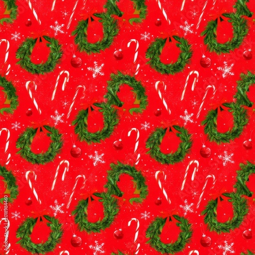 Red Background With Wreaths, Candy Canes, and Ornaments for Holiday Decoratio...