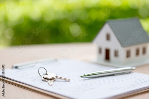 House keys and a pen on a real estate contract ready for signing. Home buying, mortgage agreement, and property investment concept