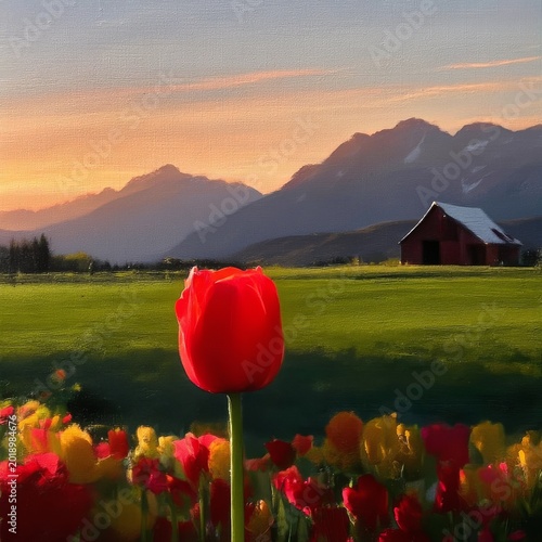 Mountains and Flowers at Sunset Near a Red Barn in a Open Field