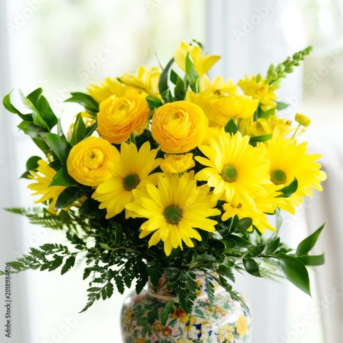 Bright Flowers in a Vase With Sunflowers and Roses on a Sunny Window Sill