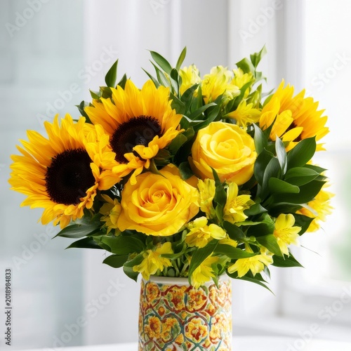 Bright Flowers in a Vase With Sunflowers and Roses on a Sunny Window Sill