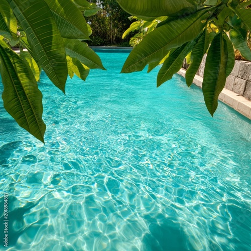 Clear Water Sparkles Under Sunlight Near Palm Leaves by the Pool in a Warm Cl...
