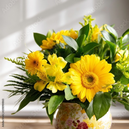 Bright Yellow Flowers in a Vase on a Wooden Table in a Sunny Room During the Day