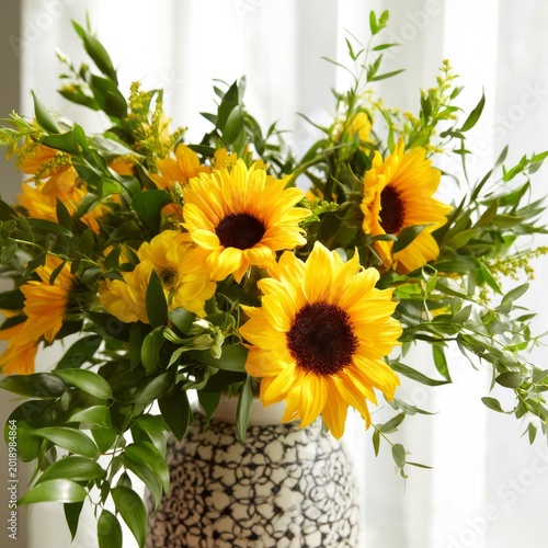 Bright Flowers in a Vase With Sunflowers and Roses on a Sunny Window Sill