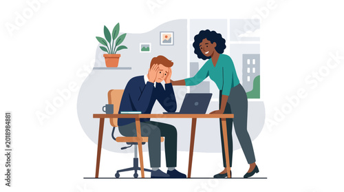Foto Modern flat vector illustration of employee comforting stressed coworker with su