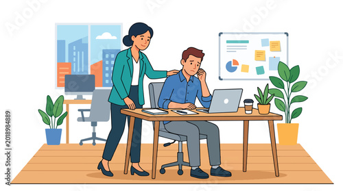 Billede på lærred Modern flat vector illustration of employee comforting stressed coworker with su