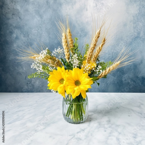 Bright Yellow Flowers in a Vase on a Marble Table in a Kitchen Setting During...