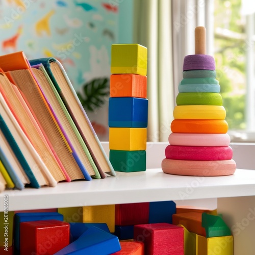 Kids Play Area With Colorful Building Blocks and Sorting Toys Near Bookshelf ...