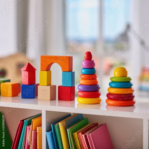 Colorful Wooden Toys on a Shelf in a Playroom With a Bright Window