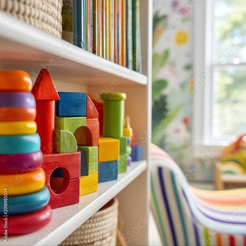 Colorful Wooden Toys on a Shelf in a Playroom With a Bright Window