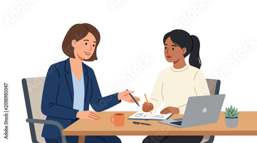 Bild auf Leinwand Modern flat vector illustration of mentor teaching young intern at laptop showin